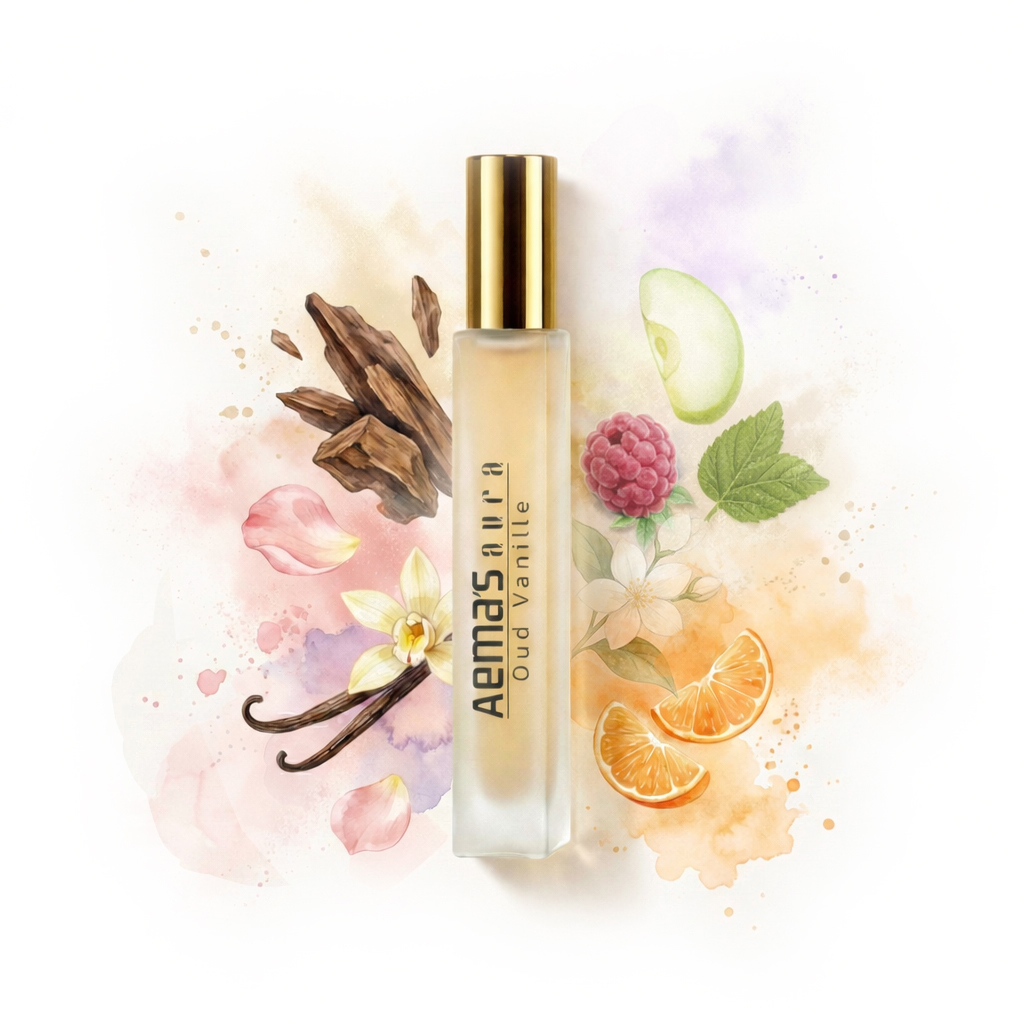 aemas aura oud vanilla perfum oil in water paint background