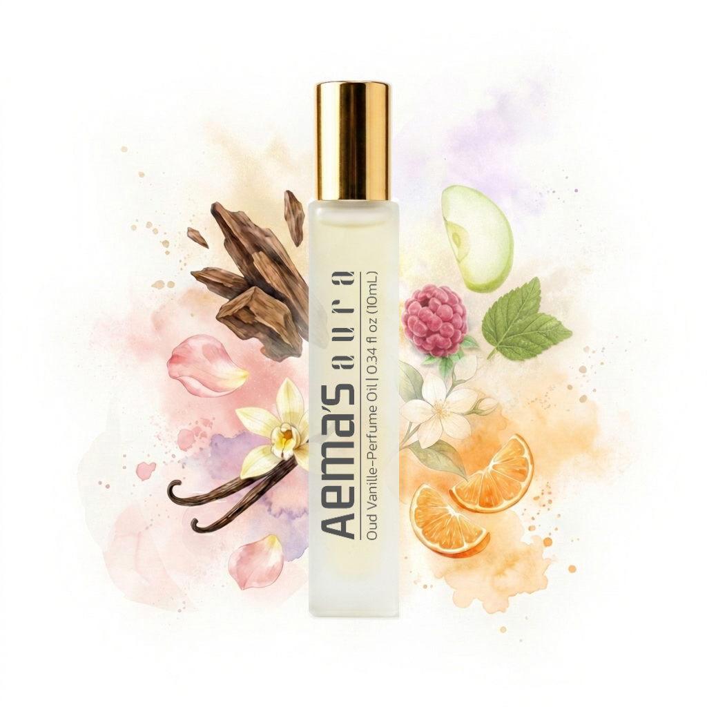 aemas aura oud vanilla raspberry perfum oil in water paint background